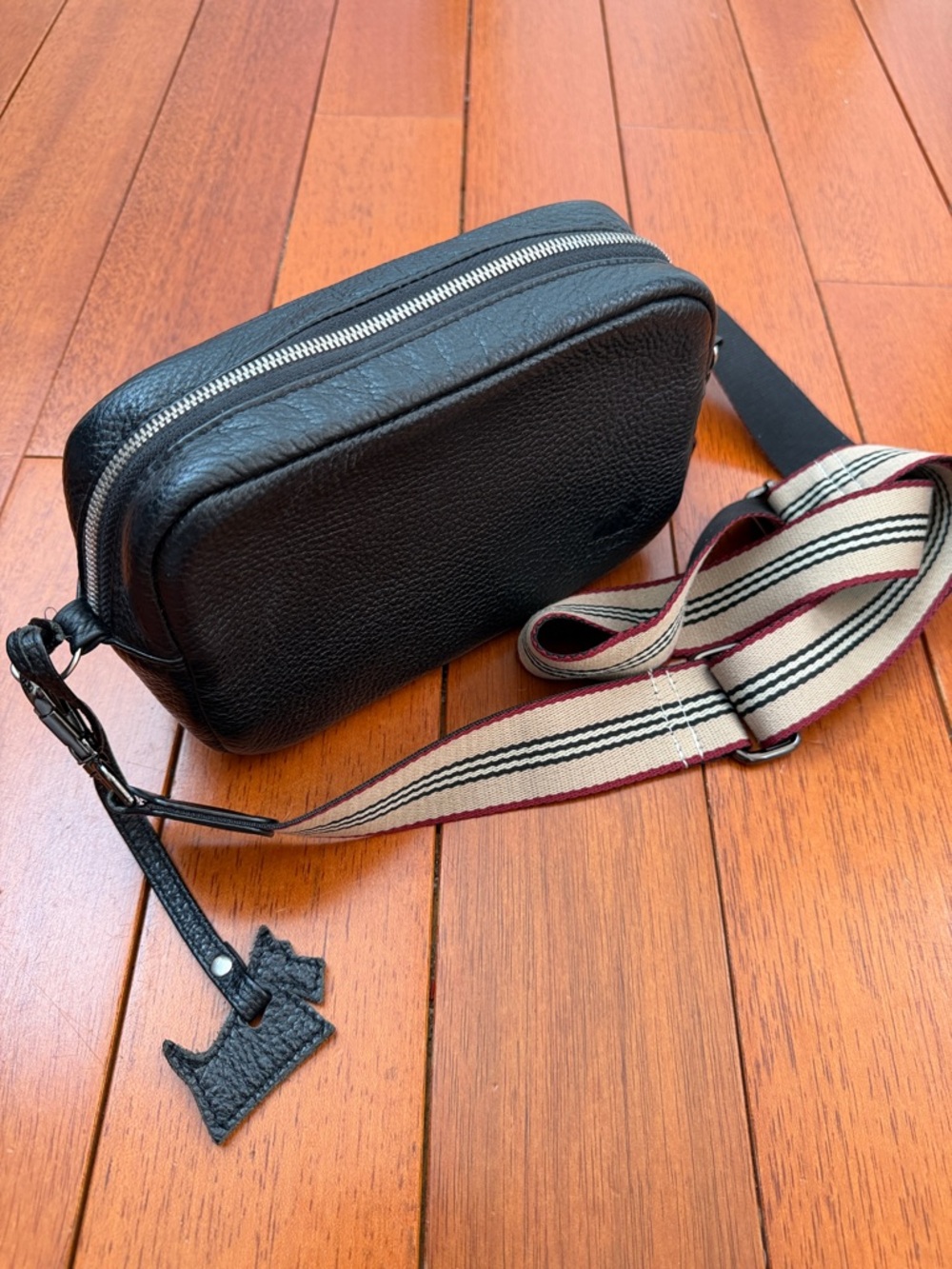 Black Leather Crossbody Bag with Striped Adjustable Strap